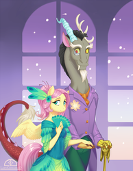 Size: 1279x1650 | Tagged: safe, artist:ladychimaera, discord, fluttershy, draconequus, pegasus, anthro, g4, clothes, dress, feather, female, gala dress, grand galloping gala, male, mare, monocle, scepter, ship:discoshy, shipping, straight, suit, twilight scepter
