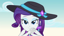 Size: 1280x720 | Tagged: safe, screencap, rarity, equestria girls, g4, lost and found, my little pony equestria girls: better together, bedroom eyes, clothes, cute, female, hat, lidded eyes, looking at you, raribetes, smiling, solo, sun hat, swimsuit