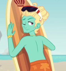 Size: 670x720 | Tagged: safe, screencap, gladys, zephyr breeze, blue crushed, equestria girls, g4, my little pony equestria girls: better together, clothes, cropped, male, one eye closed, partial nudity, smiling, stupid sexy zephyr breeze, sunglasses, surfboard, topless