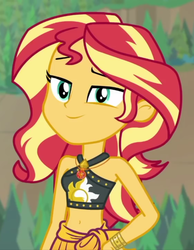 Size: 840x1080 | Tagged: safe, screencap, sunset shimmer, equestria girls, g4, my little pony equestria girls: better together, unsolved selfie mysteries, belly button, clothes, cropped, cute, female, geode of empathy, lidded eyes, looking at you, magical geodes, midriff, shimmerbetes, smiling, solo, swimsuit