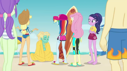 Size: 1280x720 | Tagged: safe, screencap, applejack, baewatch, fluttershy, gladys, rainbow dash, starlight, valhallen, zephyr breeze, blue crushed, equestria girls, g4, my little pony equestria girls: better together, barefoot, clothes, feet, surfboard, swimsuit, zephyr's necklace