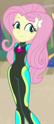Size: 278x633 | Tagged: safe, screencap, fluttershy, blue crushed, equestria girls, g4, my little pony equestria girls: better together, adorasexy, arm behind back, cropped, cute, female, fluttershy's wetsuit, geode of fauna, sexy, shyabetes, smiling, solo, wetsuit