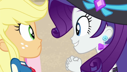 Size: 1280x720 | Tagged: safe, screencap, applejack, rarity, equestria girls, g4, lost and found, my little pony equestria girls: better together, close-up, cute, duo, ear piercing, face to face, female, piercing, please, raribetes