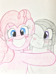 Size: 2448x3264 | Tagged: safe, artist:theobrobine, marble pie, pinkie pie, earth pony, pony, g4, blushing, cute, female, high res, hug, looking at you, mare, one eye closed, pie sisters, pie twins, siblings, sisters, smiling, traditional art, twins