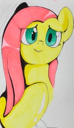 Size: 1893x3264 | Tagged: safe, artist:theobrobine, fluttershy, pony, g4, female, hoof on chest, mare, smiling, solo, traditional art