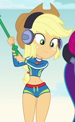 Size: 404x657 | Tagged: safe, screencap, applejack, equestria girls, g4, lost and found, my little pony equestria girls: better together, adorasexy, applejack's beach shorts swimsuit, beach, belly button, bikini, clothes, cropped, cute, female, headphones, hips, jackabetes, legs, midriff, sexy, solo, swimsuit, thigh gap, thighs