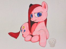 Size: 1032x774 | Tagged: safe, artist:theobrobine, pinkie pie, earth pony, pony, g4, crossed hooves, female, food, frown, mare, muffin, pinkamena diane pie, sitting, solo, traditional art