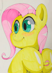 Size: 1600x2234 | Tagged: safe, artist:theobrobine, fluttershy, pony, g4, blushing, female, hooves together, mare, smiling, solo, traditional art
