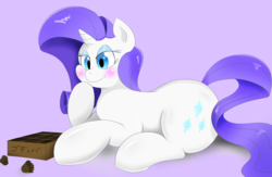 Size: 1600x1043 | Tagged: safe, artist:theobrobine, rarity, pony, g4, blushing, chocolate, eating, female, food, mare, simple background, solo