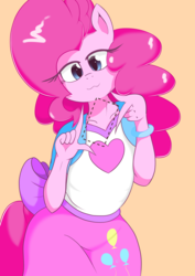 Size: 1447x2047 | Tagged: safe, artist:theobrobine, pinkie pie, earth pony, anthro, g4, :3, clothes, equestria girls outfit, female, simple background, solo