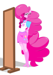 Size: 1447x2047 | Tagged: safe, artist:theobrobine, pinkie pie, earth pony, anthro, plantigrade anthro, g4, barefoot, big hair, clothes, equestria girls outfit, feet, female, hands behind back, impossibly long hair, mirror, simple background, solo