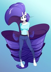 Size: 751x1063 | Tagged: safe, artist:theobrobine, rarity, anthro, plantigrade anthro, g4, big hair, clothes, female, impossibly long hair, looking at you, pants, simple background, solo