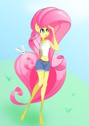 Size: 751x1063 | Tagged: safe, artist:theobrobine, fluttershy, angel, rabbit, anthro, plantigrade anthro, g4, belly button, big hair, clothes, female, grass field, impossibly long hair, midriff, shorts, simple background, sky, tank top