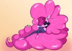 Size: 1063x751 | Tagged: safe, artist:theobrobine, gummy, pinkie pie, anthro, plantigrade anthro, g4, big hair, clothes, female, impossibly large hair, impossibly long hair, midriff, pants, simple background