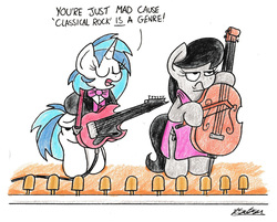 Size: 2086x1678 | Tagged: safe, artist:bobthedalek, dj pon-3, octavia melody, vinyl scratch, earth pony, pony, unicorn, g4, bipedal, bowtie, cello, classical rock, clothes, concert, dexterous hooves, dress, duo, electric guitar, female, guitar, hoof hold, jacket, mare, musical instrument, octavia is not amused, stage, suit, traditional art, unamused