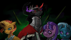 Size: 1920x1080 | Tagged: dead source, safe, artist:gela-g-i-s-gela, king sombra, starlight glimmer, sunset shimmer, trixie, pony, unicorn, fanfic:aftersound, g4, armor, clothes, collar, crystal, dark magic, fanfic, fanfic art, magic, makeup, running makeup, simple background, sombra eyes