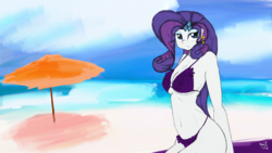 Size: 1920x1080 | Tagged: safe, artist:achmeddb, rarity, equestria girls, beach, belly button, breasts, busty rarity, clothes, female, frilled swimsuit, ocean, purple swimsuit, signature, solo, swimsuit, thong swimsuit, umbrella, wallpaper