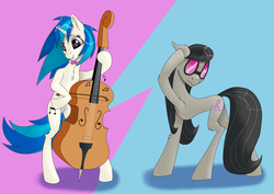 Size: 3508x2480 | Tagged: safe, artist:settop, dj pon-3, octavia melody, vinyl scratch, earth pony, pony, unicorn, g4, bowtie, cello, duo, female, glasses, high res, mare, musical instrument, standing