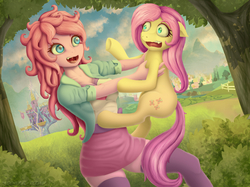 Size: 2666x1999 | Tagged: safe, artist:generalecchi, fluttershy, pinkie pie, human, pony, equestria girls, g4, clothes, scared, square crossover, twilight's castle, wingless