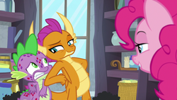 Size: 1280x720 | Tagged: safe, screencap, pinkie pie, smolder, spike, dragon, earth pony, pony, g4, molt down, amused, dragoness, female, nudging, out of context, raised eyebrow, smiling, smirk, stone scales, teasing, trio, worried