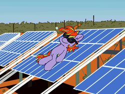 Size: 2000x1500 | Tagged: safe, artist:threetwotwo32232, oc, oc only, oc:solar shock, earth pony, pony, solar panel, solo, sun bathing, sunglasses