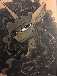 Size: 960x1280 | Tagged: safe, artist:greyscaleart, princess luna, alicorn, pony, g4, constellation, constellation freckles, constellation hair, ethereal mane, female, freckles, greyscaleart is trying to murder us, mare, monochrome, partial color, solo, starry mane, traditional art