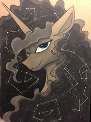 Size: 960x1280 | Tagged: safe, alternate version, artist:greyscaleart, princess luna, alicorn, pony, g4, constellation, constellation hair, ethereal mane, female, greyscaleart is trying to murder us, mare, monochrome, partial color, solo, starry mane, traditional art