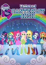Size: 426x597 | Tagged: safe, applejack, fluttershy, pinkie pie, rainbow dash, rarity, sci-twi, sunset shimmer, twilight sparkle, equestria girls, equestria girls specials, g4, my little pony equestria girls: dance magic, official, belt, boots, bowtie, bracelet, clothes, compression shorts, cowboy boots, cowboy hat, denim skirt, geode of empathy, geode of fauna, geode of shielding, geode of sugar bombs, geode of super speed, geode of super strength, geode of telekinesis, glasses, hairpin, happy, hat, high heel boots, humane five, humane seven, humane six, jacket, jewelry, leather jacket, magical geodes, mary janes, netflix, ponytail, rainbow, shirt, shoes, skirt, smiling, socks, spotlight, stetson, tales of canterlot high, tank top, wristband