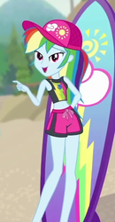 Size: 327x631 | Tagged: safe, screencap, rainbow dash, blue crushed, equestria girls, g4, my little pony equestria girls: better together, board shorts, cap, clothes, cropped, female, geode of super speed, hat, magical geodes, rainbow dash's beach shorts swimsuit, shorts, solo, surfboard, swimsuit