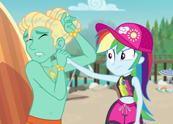 Size: 1000x720 | Tagged: safe, screencap, gladys, rainbow dash, zephyr breeze, blue crushed, equestria girls, g4, my little pony equestria girls: better together, annoyed, cap, clothes, dramatic, eyes closed, female, hat, male, partial nudity, rainbow dash is not amused, surfboard, swimsuit, topless, unamused, wet, zephyr's necklace