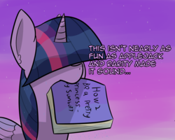 Size: 2064x1652 | Tagged: safe, artist:artiks, twilight sparkle, alicorn, pony, g4, book, dialogue, female, hair over eyes, hilarious in hindsight, implied applejack, implied rarity, mouth hold, night, night sky, sky, solo, twilight sparkle (alicorn), wet, wet mane
