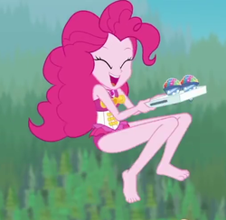 Size: 506x493 | Tagged: safe, screencap, pinkie pie, equestria girls, g4, my little pony equestria girls: better together, too hot to handle, barefoot, clothes, cropped, cute, diapinkes, feet, female, geode of sugar bombs, smiling, snow cone, solo, swimsuit