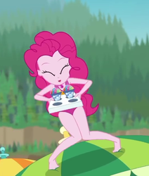 Size: 540x638 | Tagged: safe, screencap, pinkie pie, equestria girls, g4, my little pony equestria girls: better together, too hot to handle, barefoot, bouncing, clothes, cropped, eyes closed, feet, female, geode of sugar bombs, snow cone, solo, swimsuit
