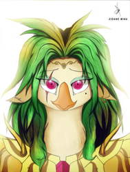 Size: 1084x1437 | Tagged: safe, artist:zidanemina, captain celaeno, semi-anthro, g4, my little pony: the movie, alternate hairstyle, bust, colored, crossover, female, floppy ears, looking at you, majestic, portrait, saint seiya, smiling, solo