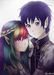 Size: 1449x2014 | Tagged: safe, artist:nicohoshi, rainbow dash, soarin', elf, human, g4, clothes swap, elf ears, female, humanized, male, ship:soarindash, shipping, straight, sword art online