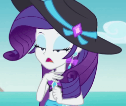 Size: 857x720 | Tagged: safe, screencap, rarity, equestria girls, g4, lost and found, my little pony equestria girls: better together, animated, belly button, clothes, cropped, female, gif, hat, lidded eyes, midriff, rarity's blue sarong, rarity's purple bikini, sarong, solo, sun hat, swimsuit