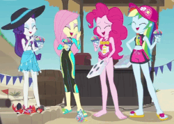 Size: 770x548 | Tagged: safe, screencap, fluttershy, pinkie pie, rainbow dash, rarity, crab, equestria girls, equestria girls series, g4, too hot to handle, animal, animated, ankles, barefoot, belly button, bikini, board shorts, cap, clothes, cropped, cute, feet, female, fluttershy's wetsuit, geode of fauna, geode of shielding, geode of sugar bombs, geode of super speed, gif, hat, laughing, magical geodes, midriff, pinkie pie swimsuit, rarity's blue sarong, rarity's purple bikini, sandals, sarong, shorts, snow cone, sun hat, swimsuit, tankini, wetsuit