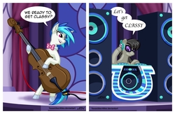Size: 1515x987 | Tagged: safe, artist:texasuberalles, dj pon-3, octavia melody, vinyl scratch, earth pony, pony, unicorn, g4, accessory swap, bipedal, bowtie, cello, colored hooves, duo, female, glasses, hoof hold, mare, musical instrument, role reversal, speaker, speech bubble, turntable, vinyl class