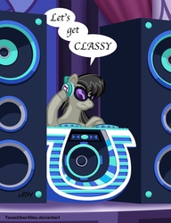 Size: 720x937 | Tagged: safe, artist:texasuberalles, octavia melody, earth pony, pony, g4, colored hooves, female, glasses, mare, solo, speaker, speech bubble, turntable