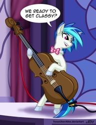 Size: 720x937 | Tagged: safe, artist:texasuberalles, dj pon-3, vinyl scratch, pony, unicorn, g4, bipedal, bowtie, cello, colored hooves, female, hoof hold, mare, missing accessory, musical instrument, speech bubble, vinyl class