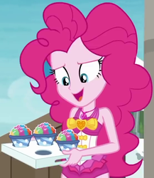 Size: 557x641 | Tagged: safe, screencap, pinkie pie, equestria girls, equestria girls series, g4, too hot to handle, clothes, cropped, female, snow cone, solo, swimsuit
