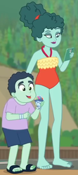 Size: 310x699 | Tagged: safe, screencap, leafy mint, mint chip, equestria girls, equestria girls series, g4, too hot to handle, barefoot, cellphone, clothes, cropped, duo, feet, female, male, milf, mother and child, mother and son, one-piece swimsuit, phone, smartphone, snow cone, swimsuit