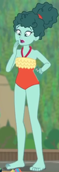 Size: 237x690 | Tagged: safe, screencap, leafy mint, equestria girls, g4, my little pony equestria girls: better together, too hot to handle, background human, barefoot, clothes, cropped, feet, female, milf, one-piece swimsuit, solo, swimsuit