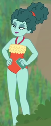 Size: 238x584 | Tagged: safe, screencap, leafy mint, equestria girls, g4, my little pony equestria girls: better together, too hot to handle, background human, cellphone, clothes, cropped, female, milf, one-piece swimsuit, phone, smartphone, solo, swimsuit