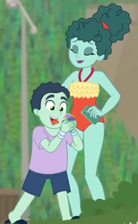 Size: 364x592 | Tagged: safe, screencap, leafy mint, mint chip, equestria girls, g4, my little pony equestria girls: better together, too hot to handle, clothes, cropped, duo, female, male, milf, mother and son, one-piece swimsuit, snow cone, swimsuit