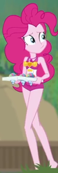 Size: 194x577 | Tagged: safe, screencap, pinkie pie, human, equestria girls, equestria girls series, g4, too hot to handle, barefoot, clothes, cropped, crossed legs, feet, geode of sugar bombs, legs, snow cone, swimsuit, walking