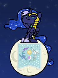 Size: 1350x1800 | Tagged: safe, artist:flutterluv, princess luna, alicorn, pony, series:flutterluv's full moon, g4, armor, chibi, female, flag, flag of equestria, full moon, memorial day, moon, salute, sitting, sitting on the moon, solo