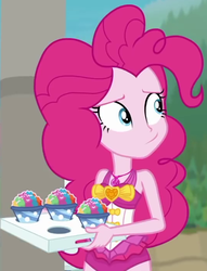 Size: 536x700 | Tagged: safe, screencap, pinkie pie, human, equestria girls, g4, my little pony equestria girls: better together, too hot to handle, clothes, cropped, female, snow cone, solo, swimsuit