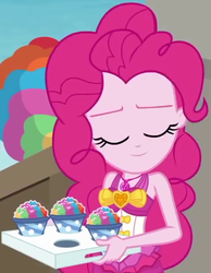 Size: 494x636 | Tagged: safe, screencap, pinkie pie, human, equestria girls, g4, my little pony equestria girls: better together, too hot to handle, clothes, cropped, eyes closed, female, geode of sugar bombs, snow cone, solo, swimsuit