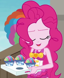 Size: 515x620 | Tagged: safe, screencap, pinkie pie, equestria girls, equestria girls series, g4, too hot to handle, clothes, cropped, eyes closed, female, open mouth, snow cone, solo, swimsuit